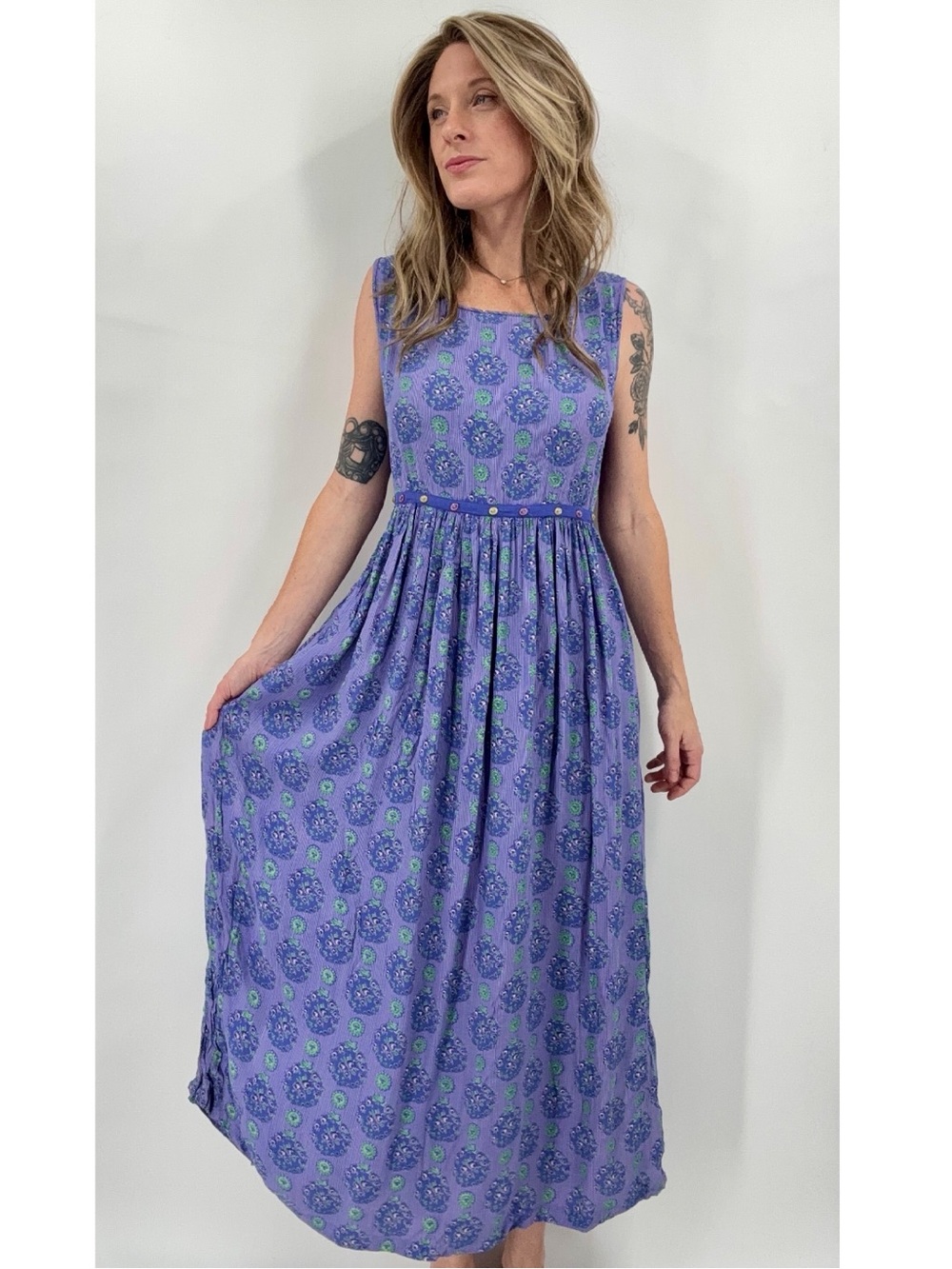 Vintage Floral Maxi Dress Pudding Shop Medium Lavender Cottage Granny Tie Back